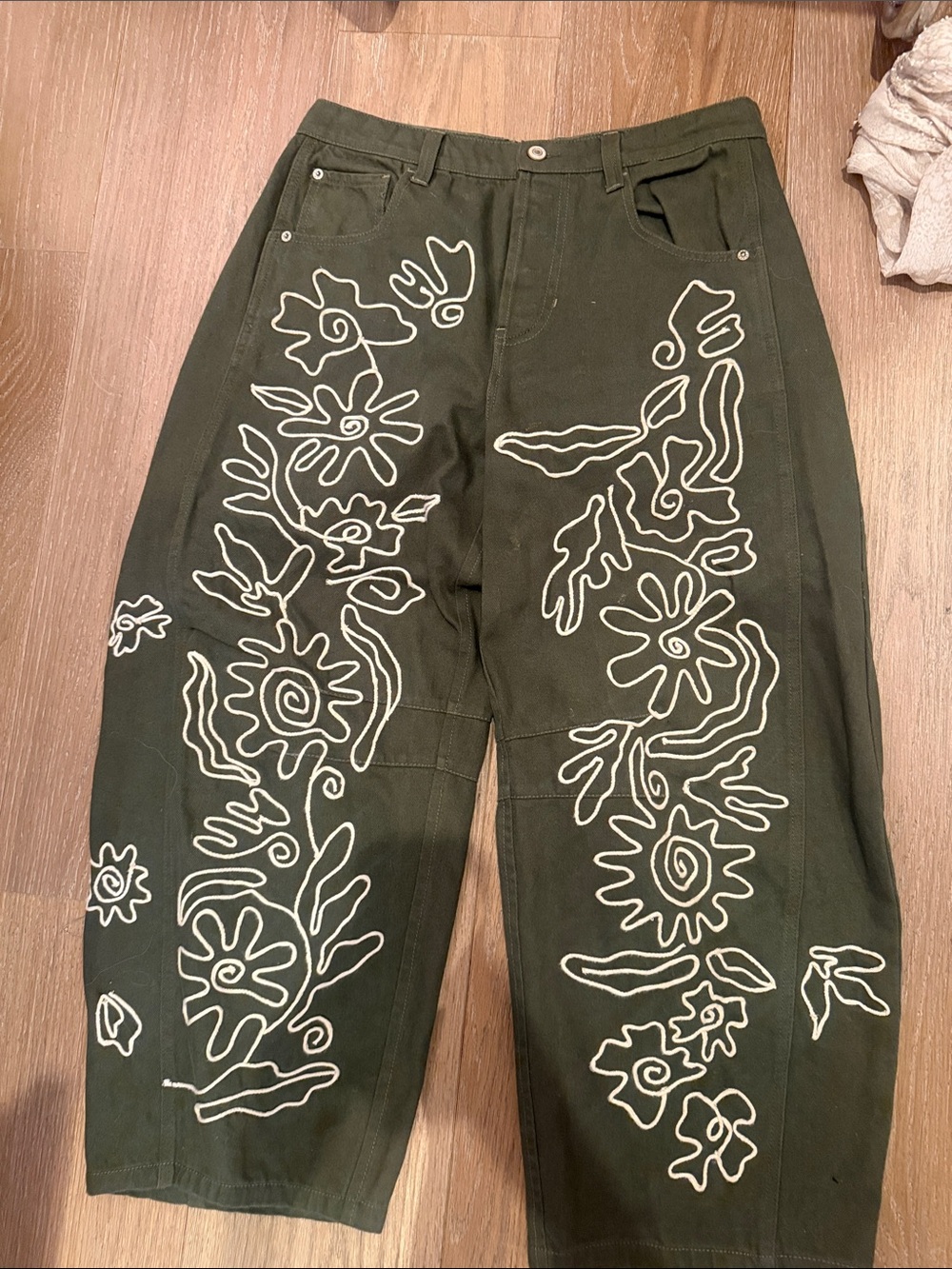 We The Free Olive Green Jeans with White Floral Embroidery